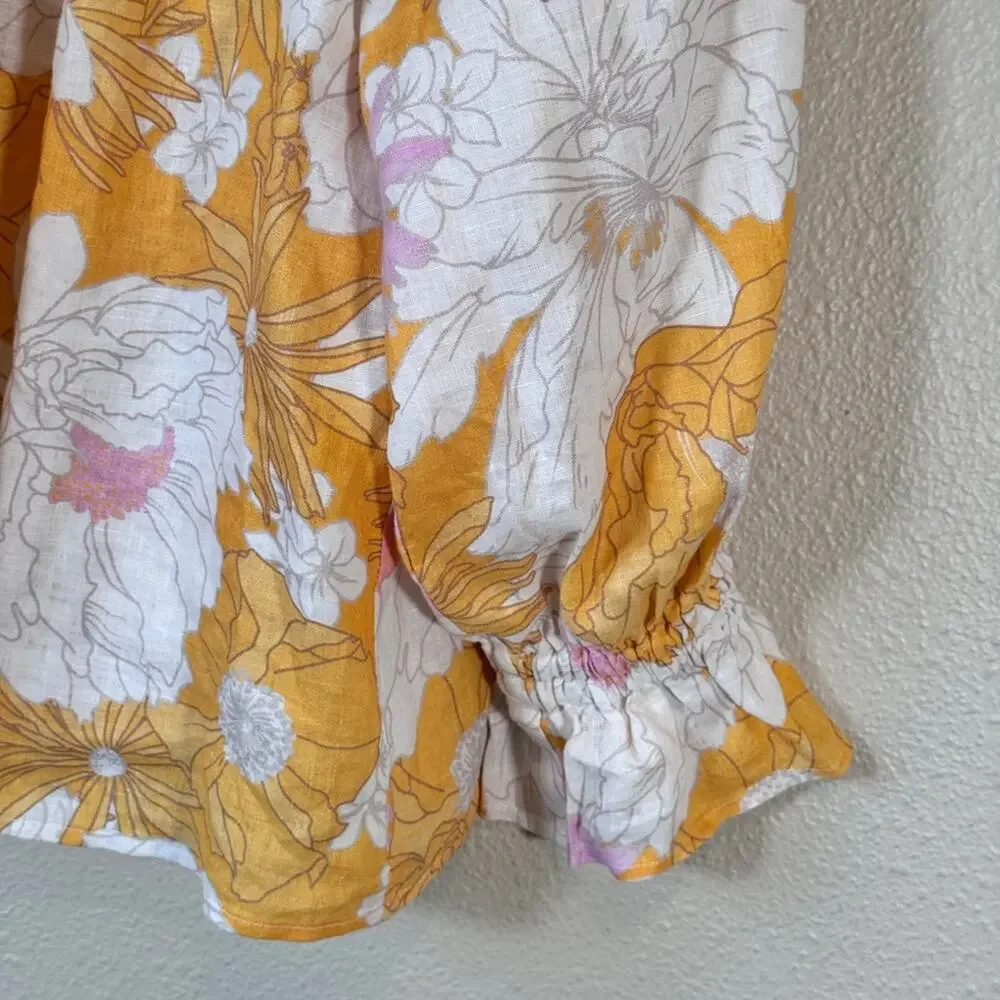 Ephemera Yellow Pink Floral Linen Ruffled Blouse Womens 6 Boho Peasant Natural - Picture 11 of 12
